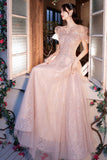 Pink Tulle Sequins Long Prom Dresses, Lovely A-Line Evening Graduation Dresses HZ0429