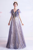 Purple V-Neck Tulle Sequins Long Prom Dresses, A-Line Evening Dresses HZ0429