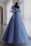 Blue Tulle Beading Long Prom Dresses, A-Line Evening Dresses HZ0429