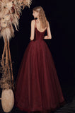 Burgundy Long Spaghetti Strap Tulle Prom Dress, A-Line Evening Dress HZ0429