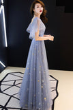 Blue Tulle Long A-Line Prom Dresses, V-Neck Evening Dresses HZ0429