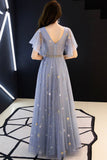 Blue Tulle Long A-Line Prom Dresses, V-Neck Evening Dresses HZ0429