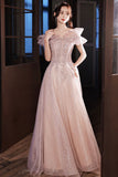 Pink Tulle Sequins Long Prom Dresses, Lovely A-Line Evening Graduation Dresses HZ0429