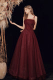Burgundy Long Spaghetti Strap Tulle Prom Dress, A-Line Evening Dress HZ0429