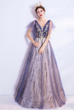 Purple V-Neck Tulle Sequins Long Prom Dresses, A-Line Evening Dresses HZ0429