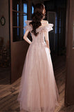 Pink Tulle Sequins Long Prom Dresses, Lovely A-Line Evening Graduation Dresses HZ0429