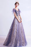 Purple V-Neck Tulle Sequins Long Prom Dresses, A-Line Evening Dresses HZ0429