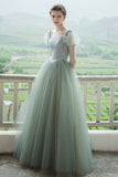 Cute Tulle Long Prom Dresses, A-Line Short Sleeve Graduation Dresses HZ0429
