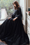 Black Tulle Long Sleeve Prom Dress, Black A-Line Evening Dress HZ0429