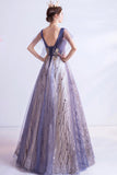 Purple V-Neck Tulle Sequins Long Prom Dresses, A-Line Evening Dresses HZ0429