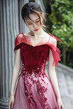 A-Line Velvet Tulle Long Prom Dress, Lovely Lace Off the Shoulder Evening Dress HZ0429