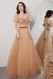 Lovely Tulle Polka Dot Long Prom Dress, A-Line Short Sleeve Evening Dress HZ0429