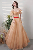 Lovely Tulle Polka Dot Long Prom Dress, A-Line Short Sleeve Evening Dress HZ0429