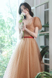 Lovely Tulle Polka Dot Long Prom Dress, A-Line Short Sleeve Evening Dress HZ0429