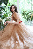 Lovely Tulle Polka Dot Long Prom Dress, A-Line Short Sleeve Evening Dress HZ0429