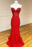 Red Strapless Lace Long Prom Dress, Mermaid Evening Dress HZ0429
