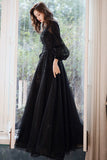 Black Tulle Long Sleeve Prom Dress, Black A-Line Evening Dress HZ0429