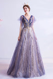 Purple V-Neck Tulle Sequins Long Prom Dresses, A-Line Evening Dresses HZ0429