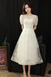 White Tulle Sequins Short Prom Dress, White A-Line Party Dress HZ0429