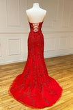 Red Strapless Lace Long Prom Dress, Mermaid Evening Dress HZ0429