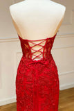 Red Strapless Lace Long Prom Dress, Mermaid Evening Dress HZ0429