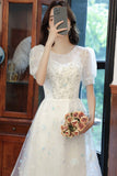 White Tulle Sequins Short Prom Dress, White A-Line Party Dress HZ0429