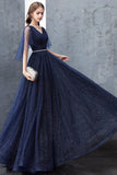 Blue V-Neck Tulle Long Prom Dresses, A-Line Evening Dresses HZ0429