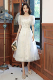White Tulle Sequins Short Prom Dress, White A-Line Party Dress HZ0429