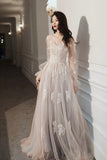Lovely Lace Long A-Line Formal Dress, Long Sleeve Evening Dress HZ0429