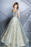 Gray Tulle Sequins Long Prom Dresses, A-Line Evening Party Dresses HZ0429