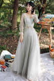 Grey Lace Long Prom Dresses, A-Line Evening Dresses HZ0429