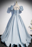 Blue Satin Pearl Long Prom Dress, Blue A-Line Short Sleeve Evening Dress HZ0429