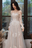 Lovely Lace Long A-Line Formal Dress, Long Sleeve Evening Dress HZ0429