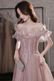 Off the Shoulder Lace Long Prom Dress, Pink A-Line Evening Dress HZ0429