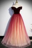 Burgundy Velvet Tulle Long Prom Dresses, Off the Shoulder Formal Evening Dresses HZ0429
