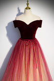Burgundy Velvet Tulle Long Prom Dresses, Off the Shoulder Formal Evening Dresses HZ0429