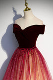 Burgundy Velvet Tulle Long Prom Dresses, Off the Shoulder Formal Evening Dresses HZ0429