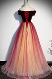 Burgundy Velvet Tulle Long Prom Dresses, Off the Shoulder Formal Evening Dresses HZ0429