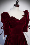 Burgundy Velvet Long Prom Dresses, A-Line Short Sleeve Evening Dresses HZ0429