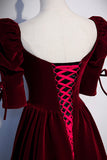 Burgundy Velvet Long Prom Dresses, A-Line Short Sleeve Evening Dresses HZ0429
