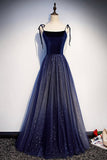 Blue Velvet Tulle Long Prom Dresses, Lovely A-Line Graduation Dresses HZ0429