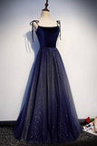 Blue Velvet Tulle Long Prom Dresses, Lovely A-Line Graduation Dresses HZ0429