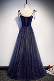Blue Velvet Tulle Long Prom Dresses, Lovely A-Line Graduation Dresses HZ0429