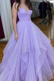 Purple V-Neck Tulle Long Prom Dresses, A-Line Backless Evening Dresses HZ0429