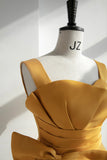 Yellow Satin Tulle Long Prom Dress, A-Line Evening Dress with Bow HZ0429