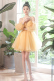 Yellow Tulle Short Prom Dress, A-Line Short Sleeve Party Dress HZ0429