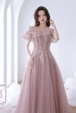 Off the Shoulder Lace Long Prom Dress, Pink A-Line Evening Dress HZ0429