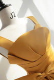 Yellow Satin Tulle Long Prom Dress, A-Line Evening Dress with Bow HZ0429