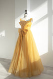 Yellow Satin Tulle Long Prom Dress, A-Line Evening Dress with Bow HZ0429