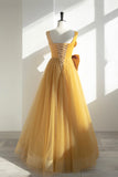 Yellow Satin Tulle Long Prom Dress, A-Line Evening Dress with Bow HZ0429